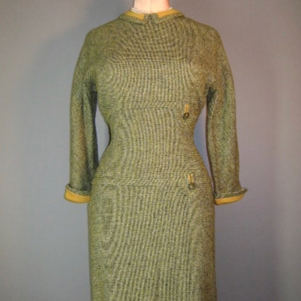 VINTAGE 1950s hourglass dress gold wool and tweed